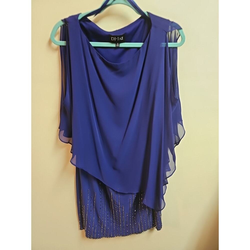 DJ-JAZ Women's Royal Blue Cold Shoulder Dress Beaded Sheer Overlay Cape Size 12 - Picture 2 of 6